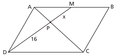 Paralelogramo ABCD com M ponto médio de AB; P interseção de DM com AC; DP=16 e PM=x