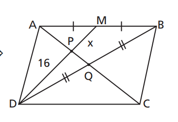 Construção auxiliar com diagonal BD e ponto Q, mostrando que P é o baricentro de ABD