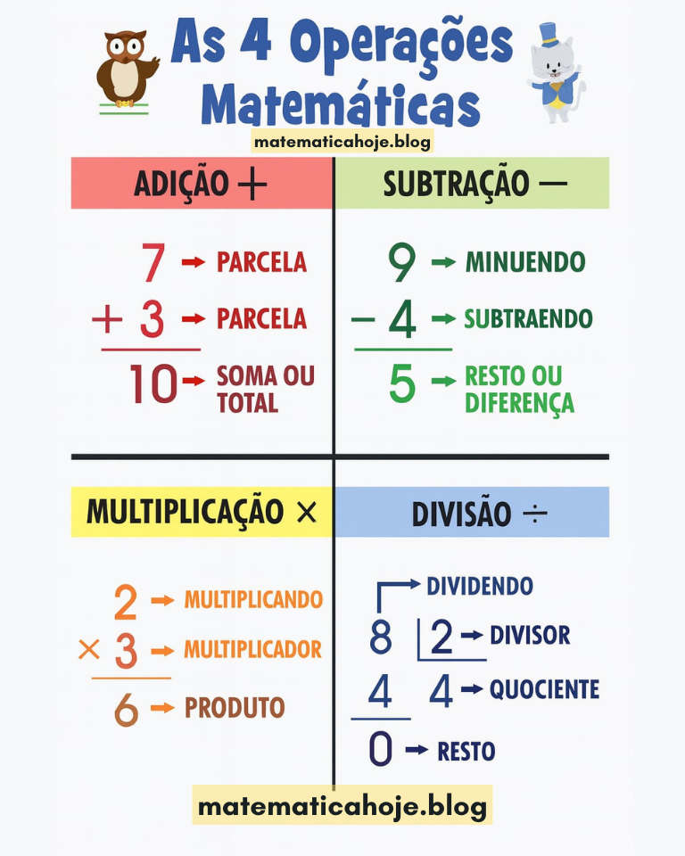 As 4 Operações Matemáticas: adição, subtração, multiplicação e divisão — infográfico matematicahoje.blog