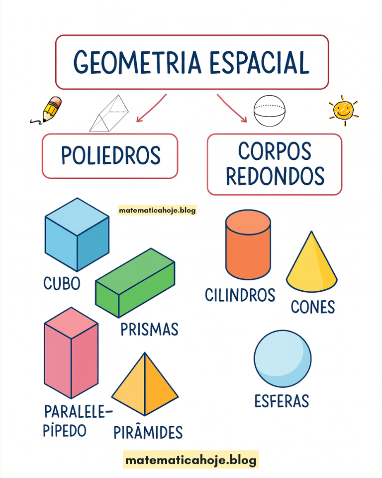 Mapa visual de Geometria Espacial: Poliedros e Corpos Redondos — cubo, prismas, paralelepípedo, pirâmides, cilindro, cone e esfera.