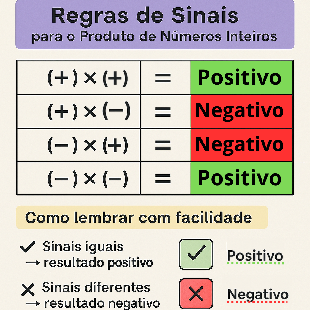 Tabela com a regra de sinais para multiplicação de números inteiros