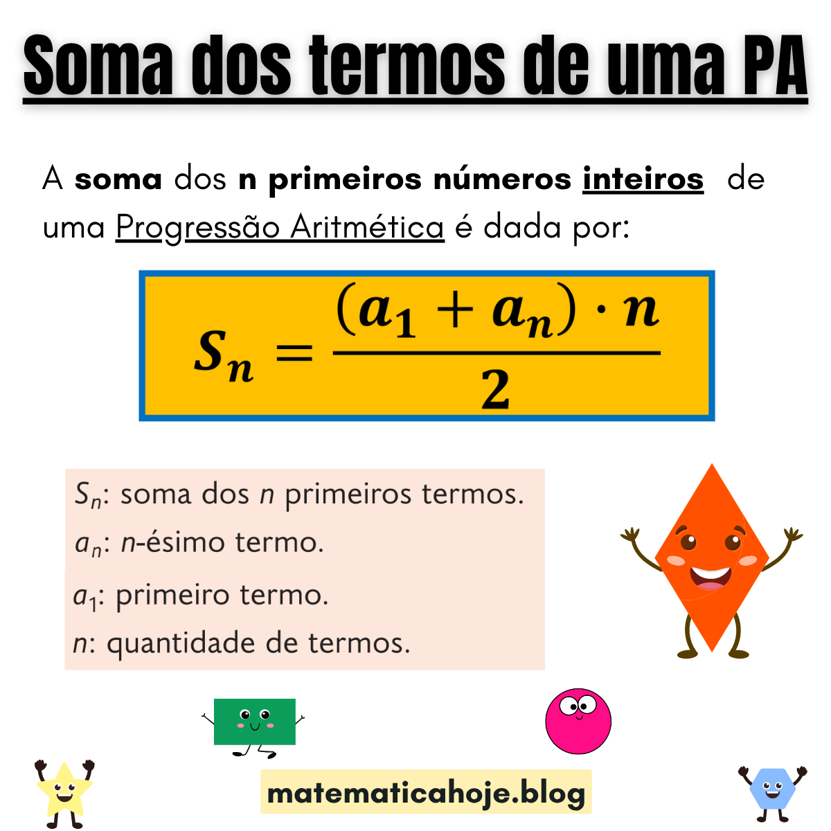 Fórmula Sn = ((a1 + an)·n)/2 para soma dos n termos de uma PA
