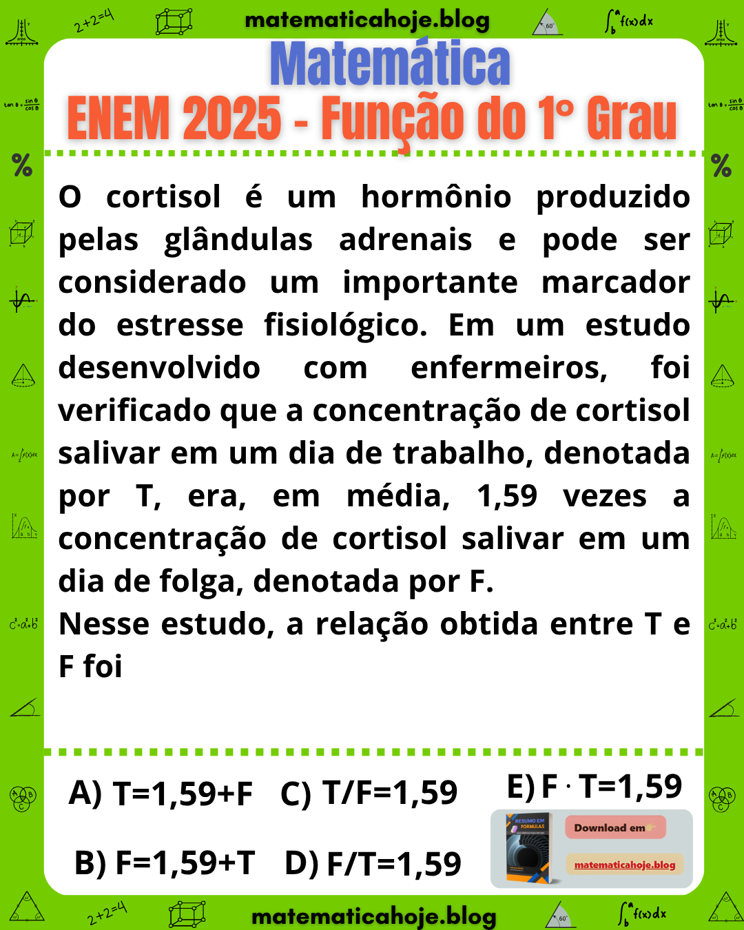 Questão ENEM 2025 Função do 1º grau: estudo com enfermeiros mostra que a concentração de cortisol salivar em dia de trabalho, T, é em média 1,59 vezes a concentração em dia de folga, F. Pergunta qual relação entre T e F é correta, com alternativas T=1,59+F, F=1,59+T, T/F=1,59, F/T=1,59 e F⋅T=1,59.