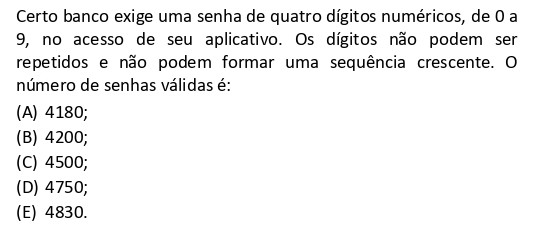 Questão de análise combinatória da FGV 2026 sobre senhas numéricas