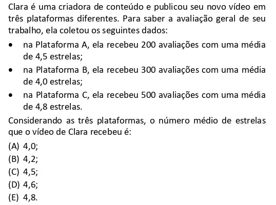 Questão de média ponderada em avaliações de vídeo da FGV 2026 Matemática