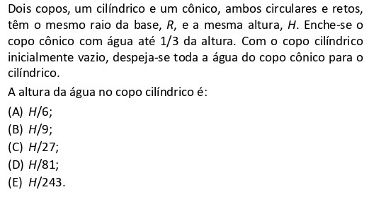 Questão de volume de sólidos (cone e cilindro) da FGV 2026 Matemática