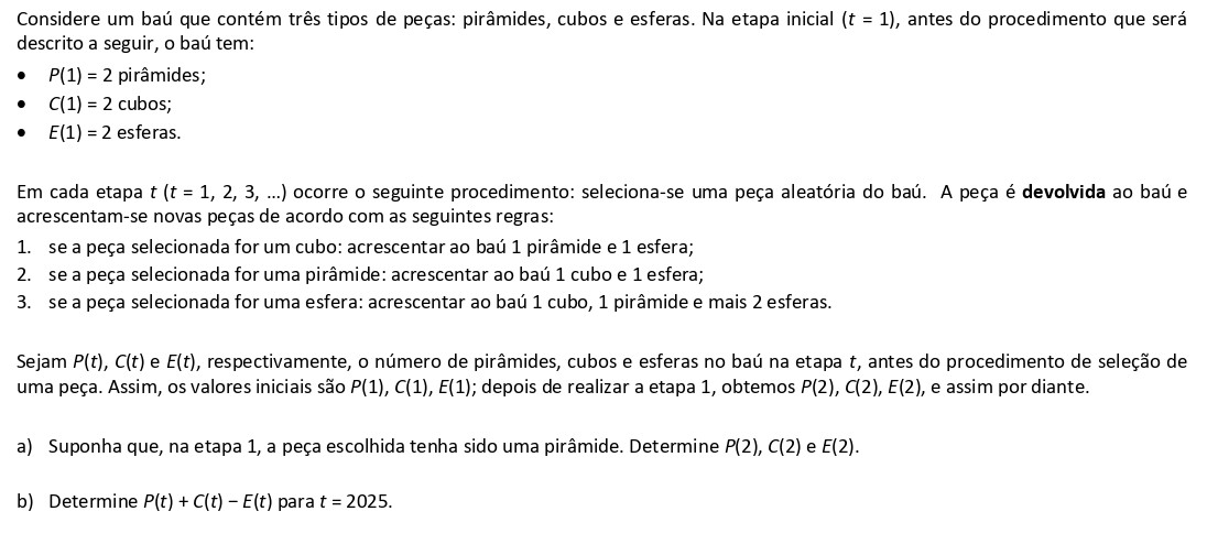 Questão discursiva da FGV 2026 sobre probabilidade com recorrência no baú de peças