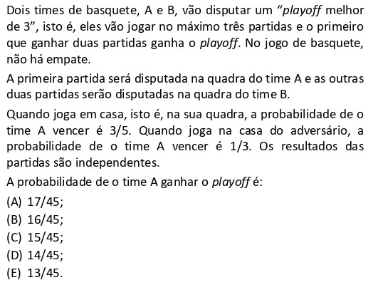 Questão de probabilidade no playoff de basquete da FGV 2026 Matemática