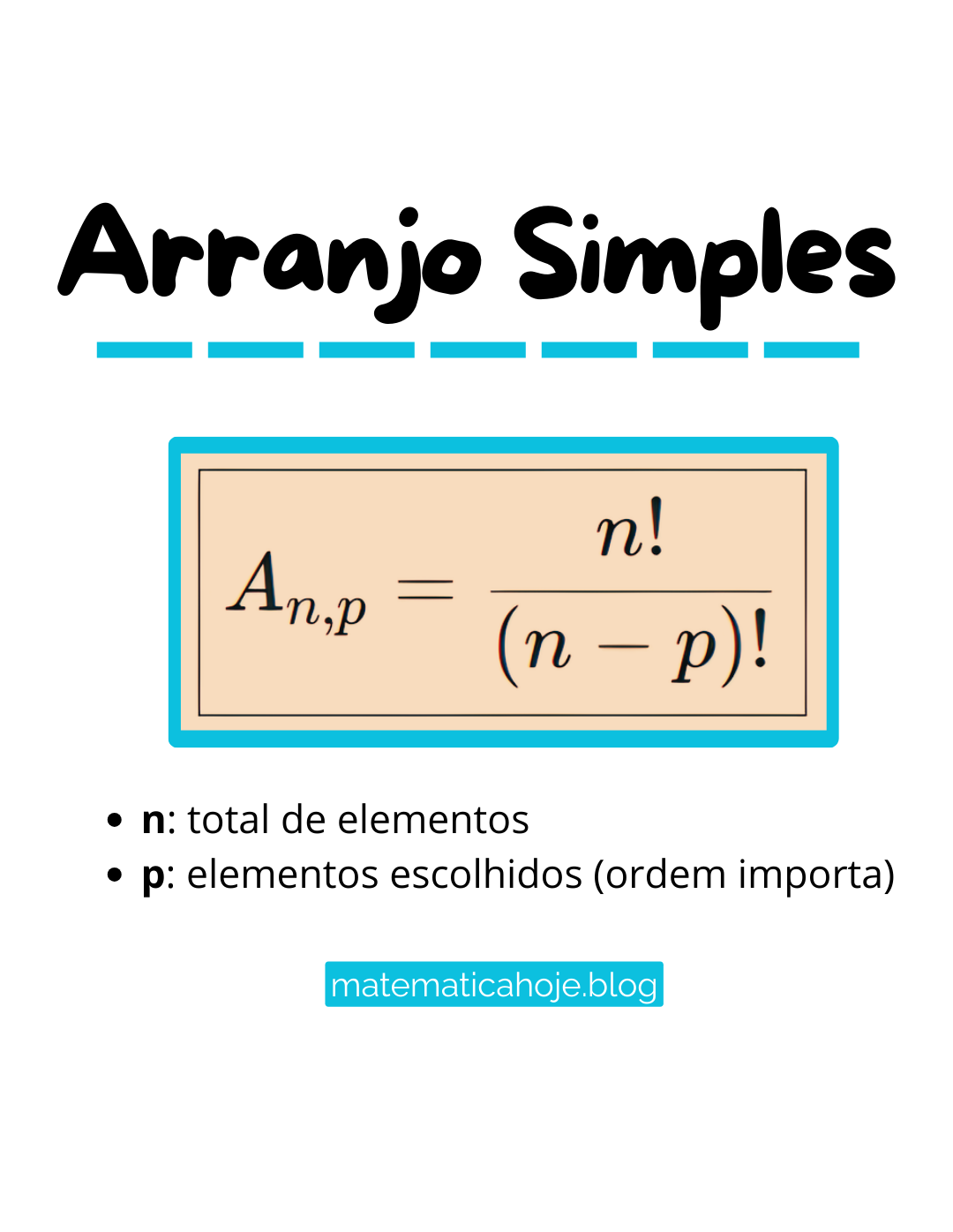 Arranjo Simples - fórmula An,p = n!/(n-p)!
