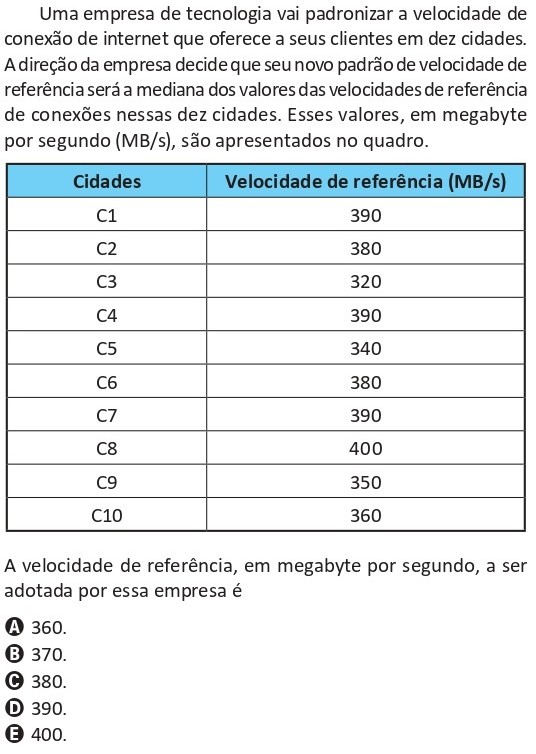 Tabela com dez cidades C1 a C10 e suas velocidades de referência em MB/s: C1 390, C2 380, C3 320, C4 390, C5 340, C6 380, C7 390, C8 400, C9 350, C10 360. A empresa adotará como velocidade de referência a mediana desses valores. Pergunta-se qual velocidade, em MB/s, deverá ser adotada.