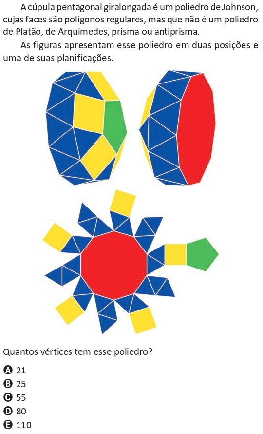 Questão do ENEM 2025 sobre a cúpula pentagonal giralongada, um poliedro de Johnson representado em duas posições e por uma planificação composta por um decágono vermelho central, vários triângulos azuis, quadrados amarelos e um pentágono verde. Pergunta-se quantos vértices possui esse poliedro.