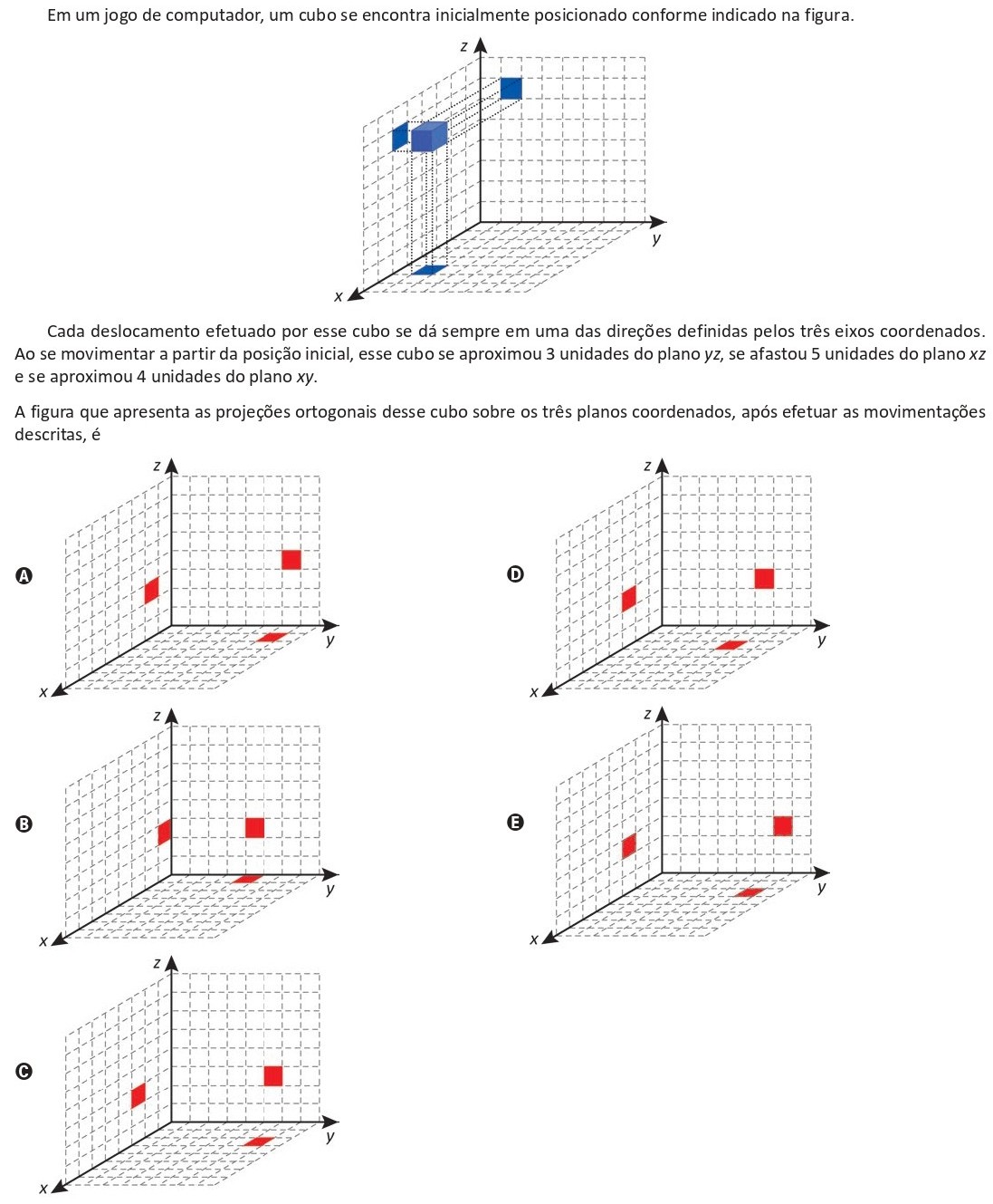 Em um jogo de computador, um cubo está em um sistema de eixos x, y e z. A partir da posição inicial, o cubo se aproxima 3 unidades do plano yz, se afasta 5 unidades do plano xz e se aproxima 4 unidades do plano xy. Pede-se a figura que mostra as projeções ortogonais do cubo sobre os três planos coordenados após esses deslocamentos.