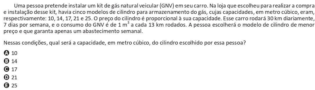 Questão do ENEM 2025 sobre cilindro de GNV e capacidade em metros cúbicos