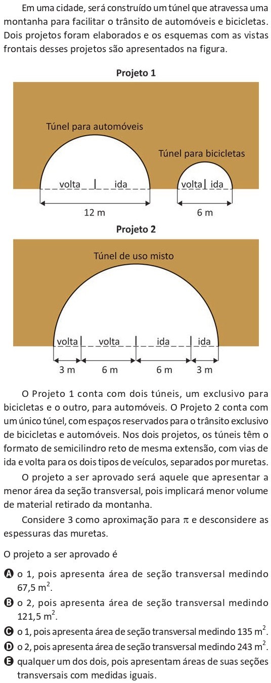 Questão do ENEM 2025 sobre área da seção transversal de túneis semicirculares.