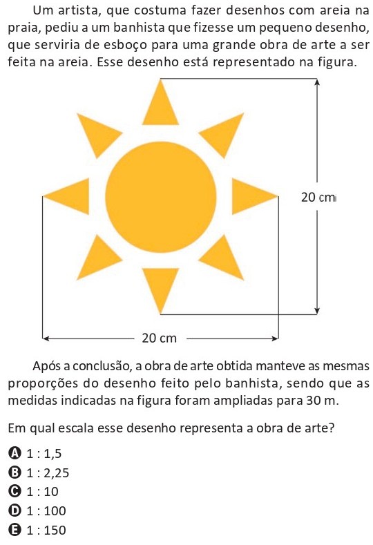 Questão do ENEM 2025: desenho de um sol medindo 20 cm por 20 cm, que é ampliado para uma obra de arte com medidas de 30 m, mantendo as proporções. Pede-se a escala em que o desenho representa a obra final.