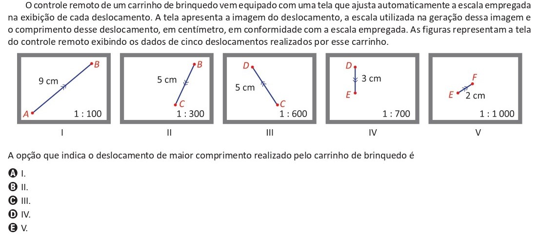 Questão do ENEM 2025: cinco telas do controle remoto de um carrinho de brinquedo mostram deslocamentos medidos em centímetros e suas escalas, respectivamente: I) 9 cm em escala 1:100, II) 5 cm em escala 1:300, III) 5 cm em escala 1:600, IV) 3 cm em escala 1:700 e V) 2 cm em escala 1:1000. Pergunta-se qual deslocamento real é o maior.