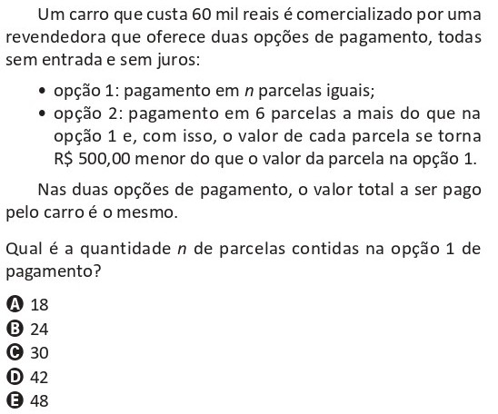 Questão do ENEM 2025 sobre opções de parcelamento de um carro.