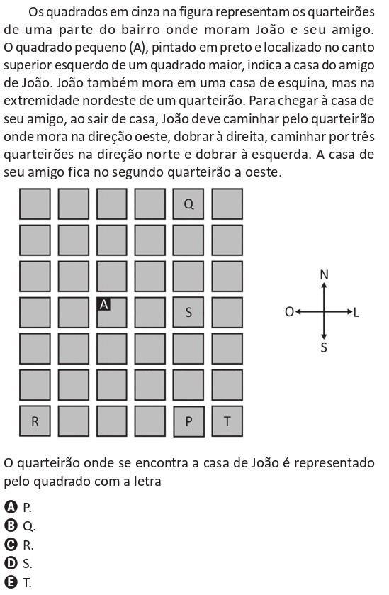 Questão do ENEM 2025 sobre plano cartesiano com quarteirões representados por quadrados, pontos A, Q, R, S, P e T e direções norte, sul, leste e oeste.