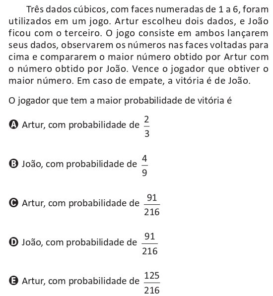 Questão do ENEM 2025 sobre probabilidade com dados