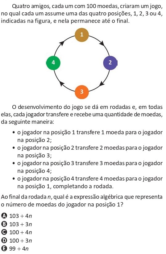 Questão do ENEM 2025 sobre jogo de moedas em círculo e expressão algébrica