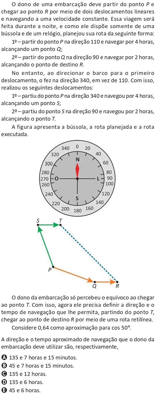Questão de Trigonometria do ENEM 2025 mostrando uma bússola, a rota planejada entre os pontos P, Q e R, e a rota executada entre os pontos P, S e T, pedindo a direção e o tempo para ir de T até R.