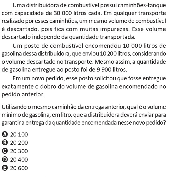 Questão do ENEM 2025 sobre caminhão-tanque, volume descartado e quantidade de gasolina