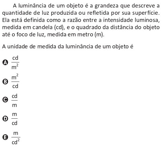 Questão do ENEM 2025 sobre unidade de medida da luminância
