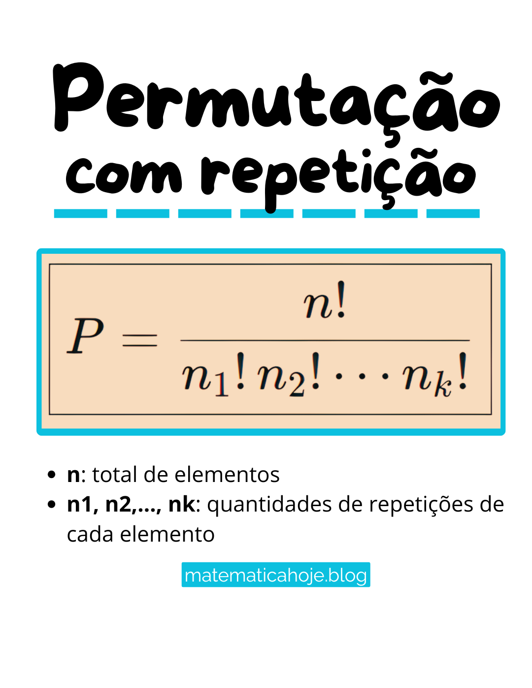 Permutação com repetição - fórmula n!/(n1! n2! ... nk!)