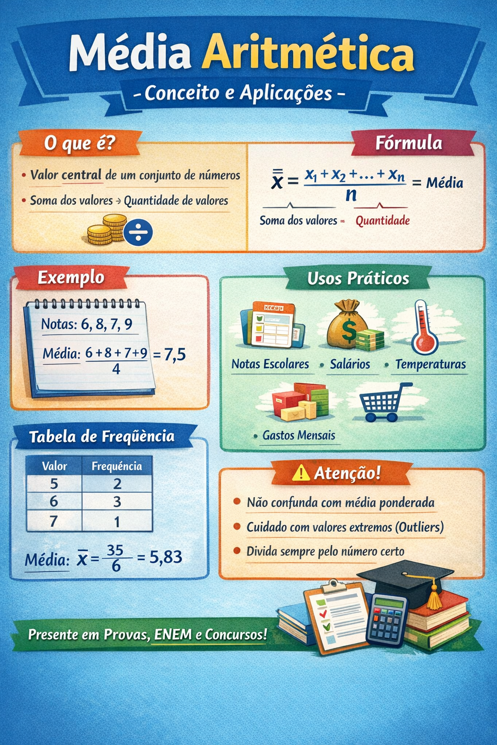 Infográfico: Média Aritmética — conceito, fórmula, exemplo e tabela de frequência