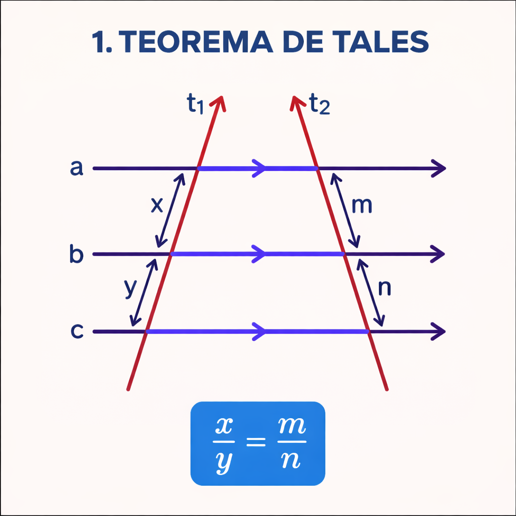 Diagrama ilustrando o Teorema de Tales com três paralelas e duas transversais.