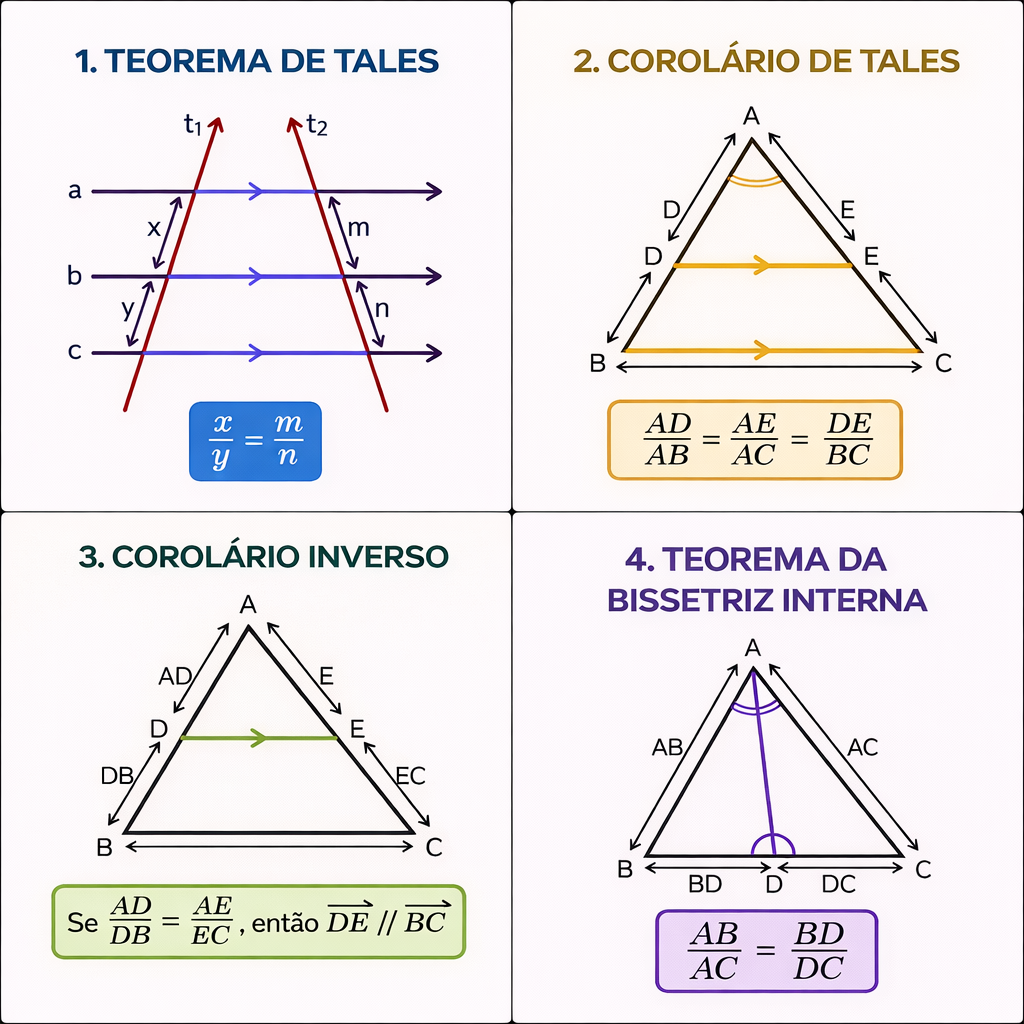 Painel com Teorema de Tales, Corolário de Tales, Corolário Inverso e Teorema da Bissetriz Interna.
