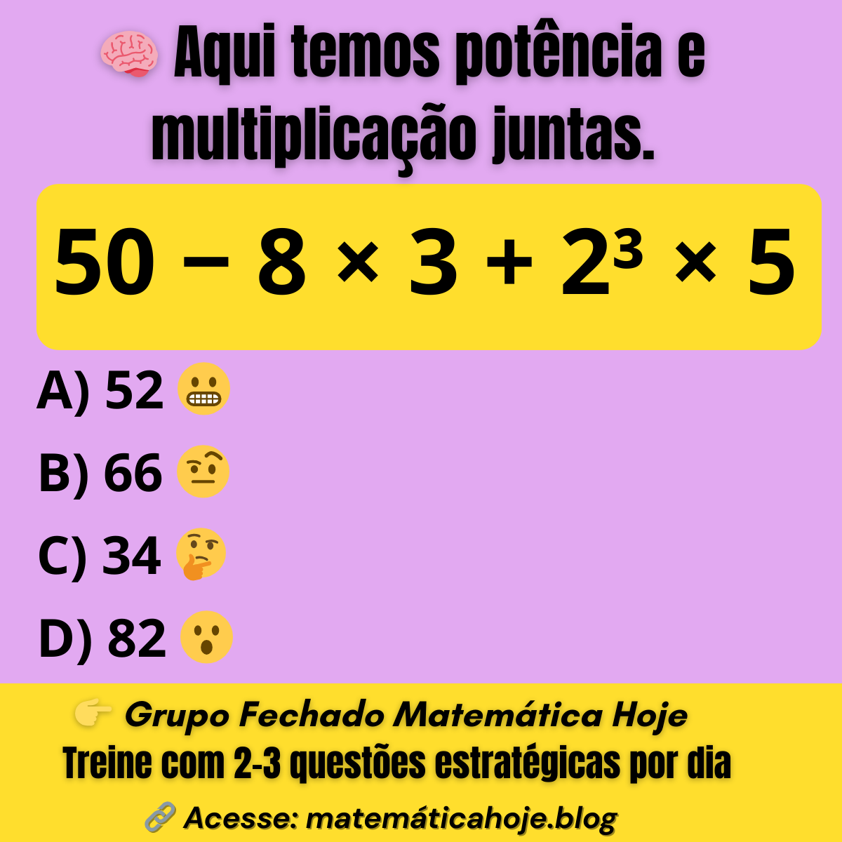 Expressão numérica 50 menos 8 vezes 3 mais 2 ao cubo vezes 5