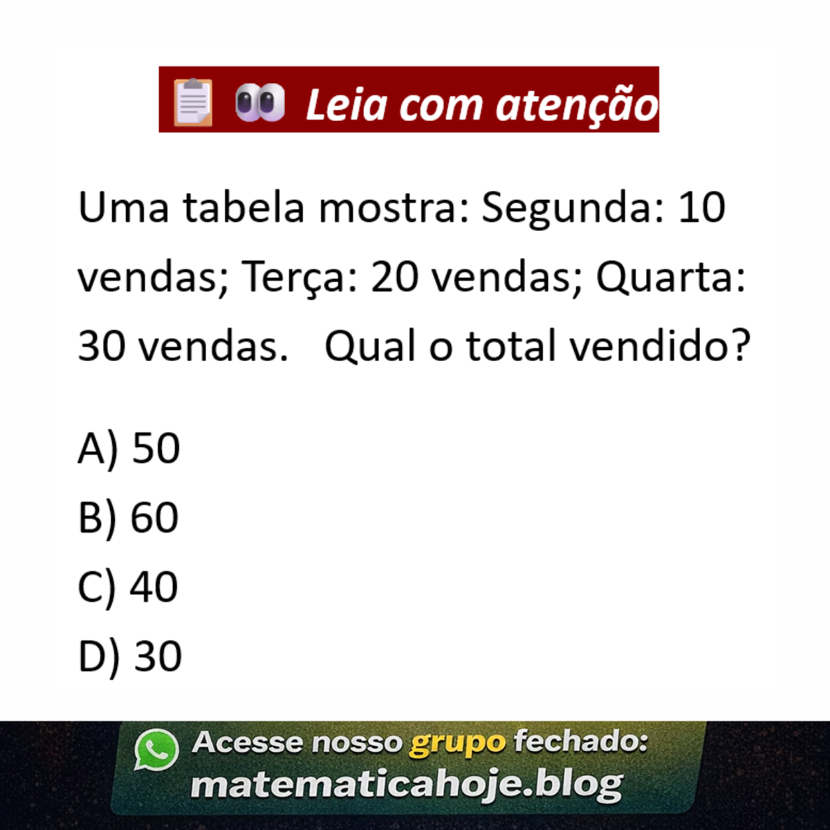 Questão de interpretação de tabela com vendas
