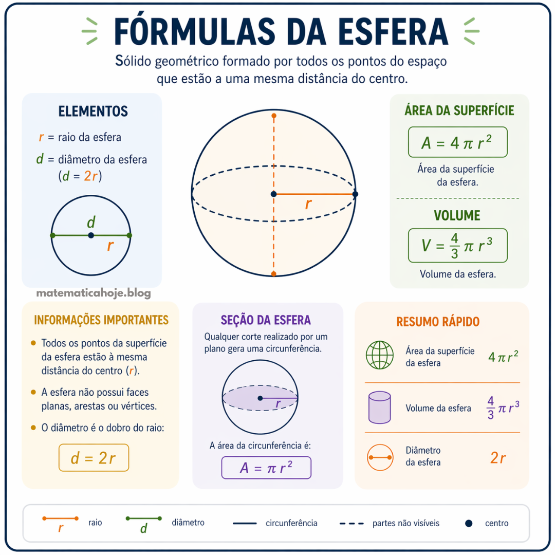 Fórmulas da esfera com raio, diâmetro, área da superfície e volume