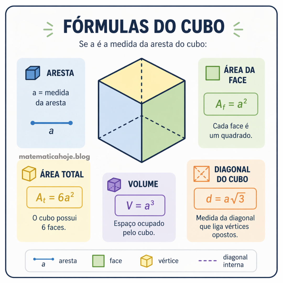 Fórmulas do cubo com aresta, área da face, área total, volume e diagonal do cubo