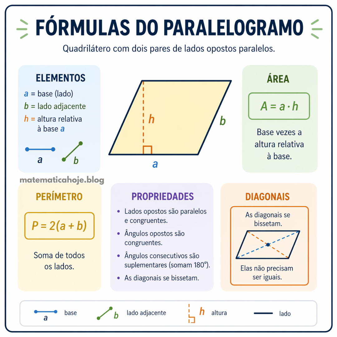 Fórmulas do paralelogramo com base, lado adjacente, altura, área, perímetro e diagonais
