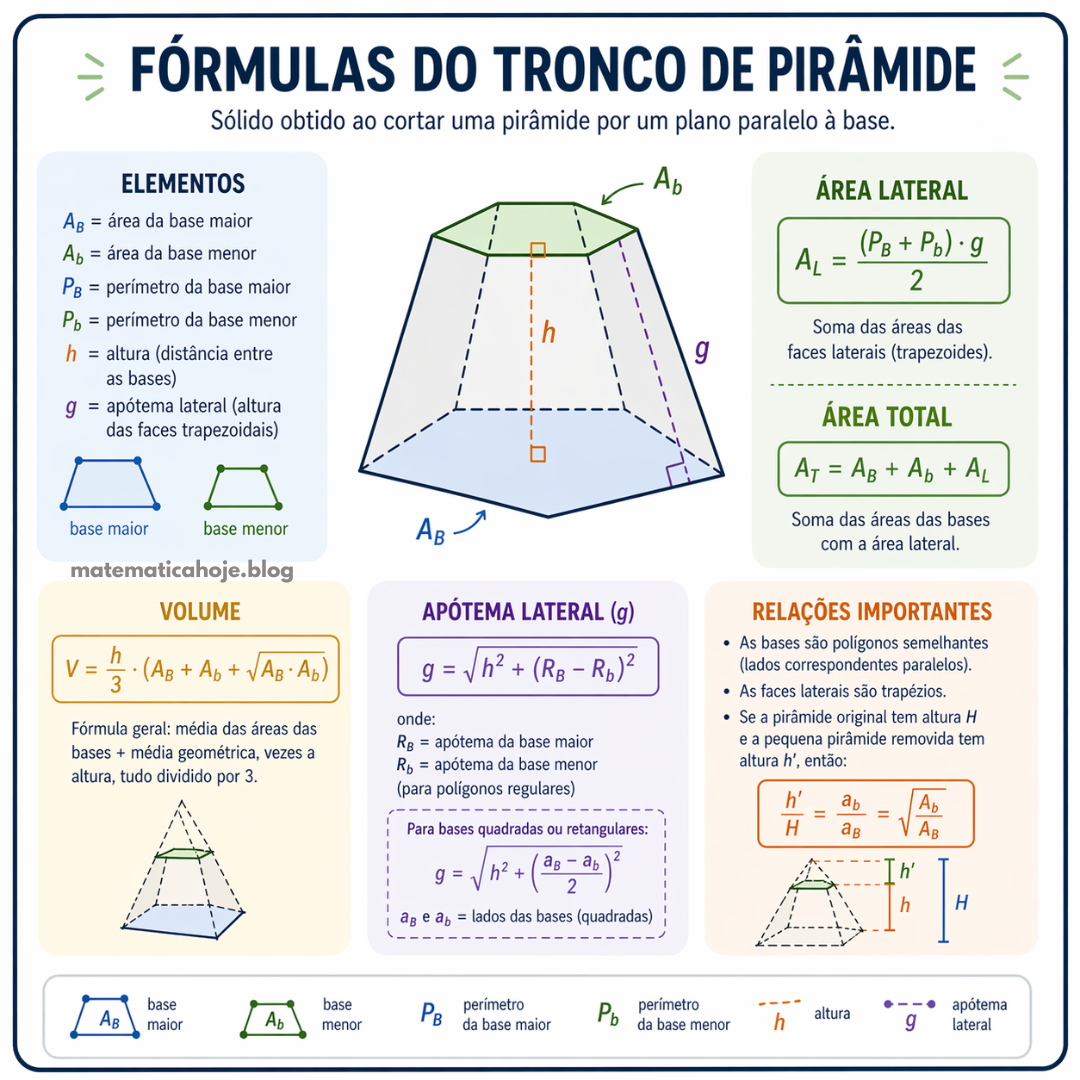 Fórmulas do tronco de pirâmide com área lateral, área total, volume, altura e apótema lateral