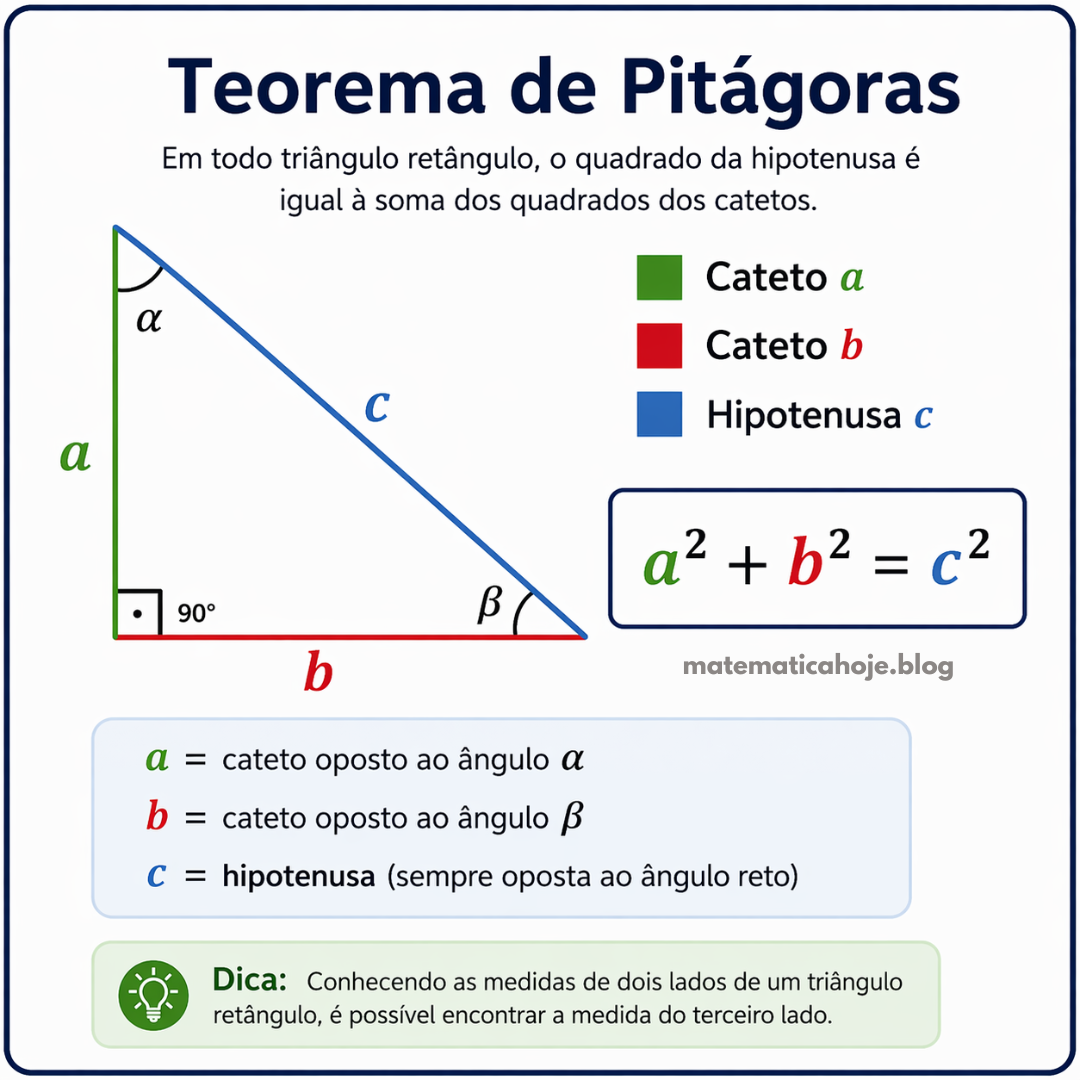 Resumo do Teorema de Pitágoras com catetos a e b e hipotenusa c