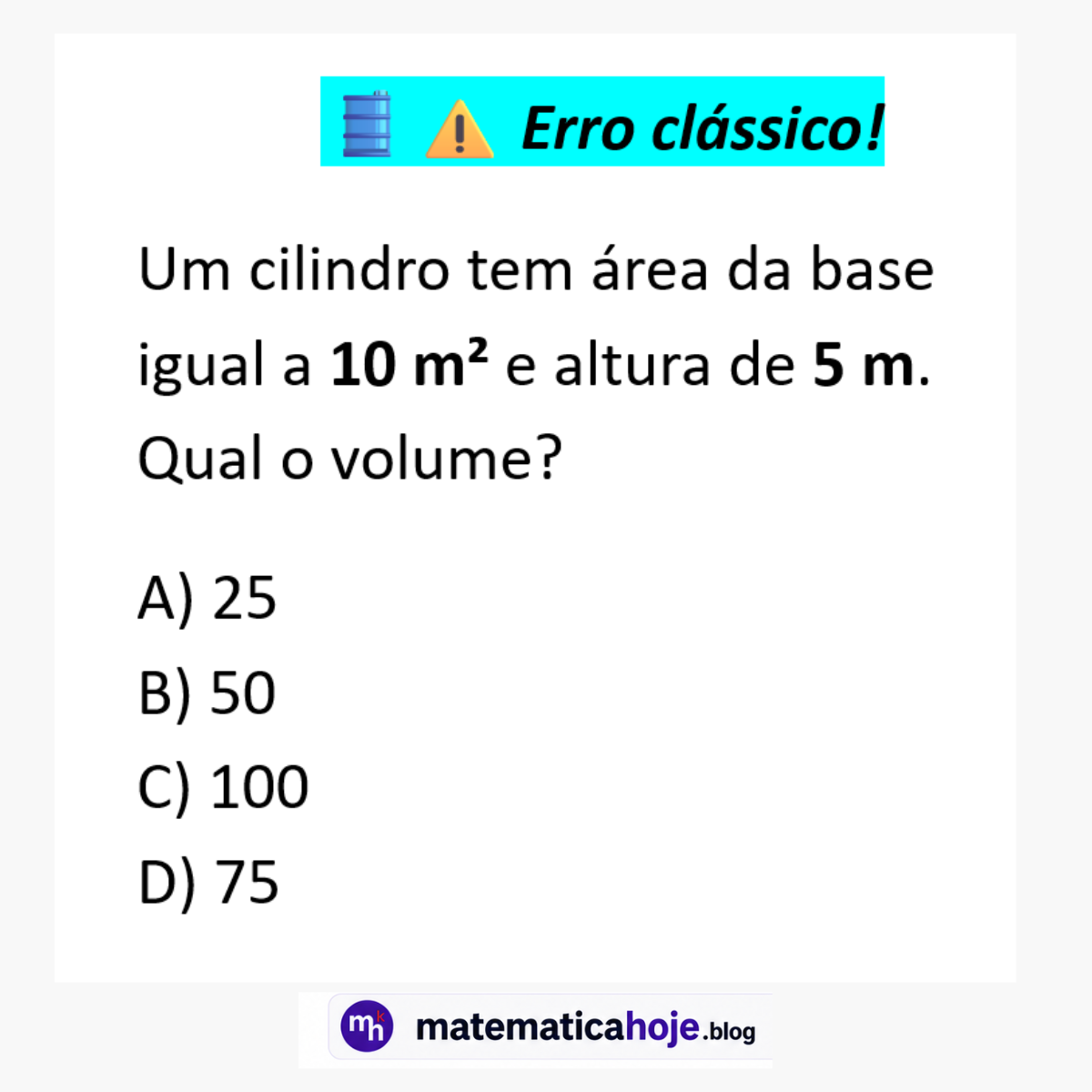 Questão sobre volume do cilindro com área da base dada