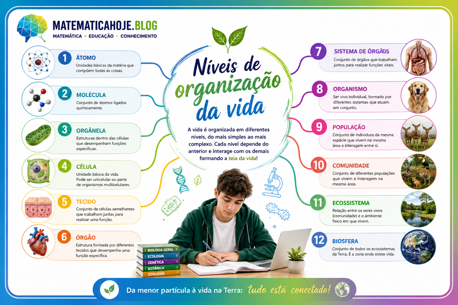 Mapa mental sobre níveis de organização da vida, do átomo à biosfera