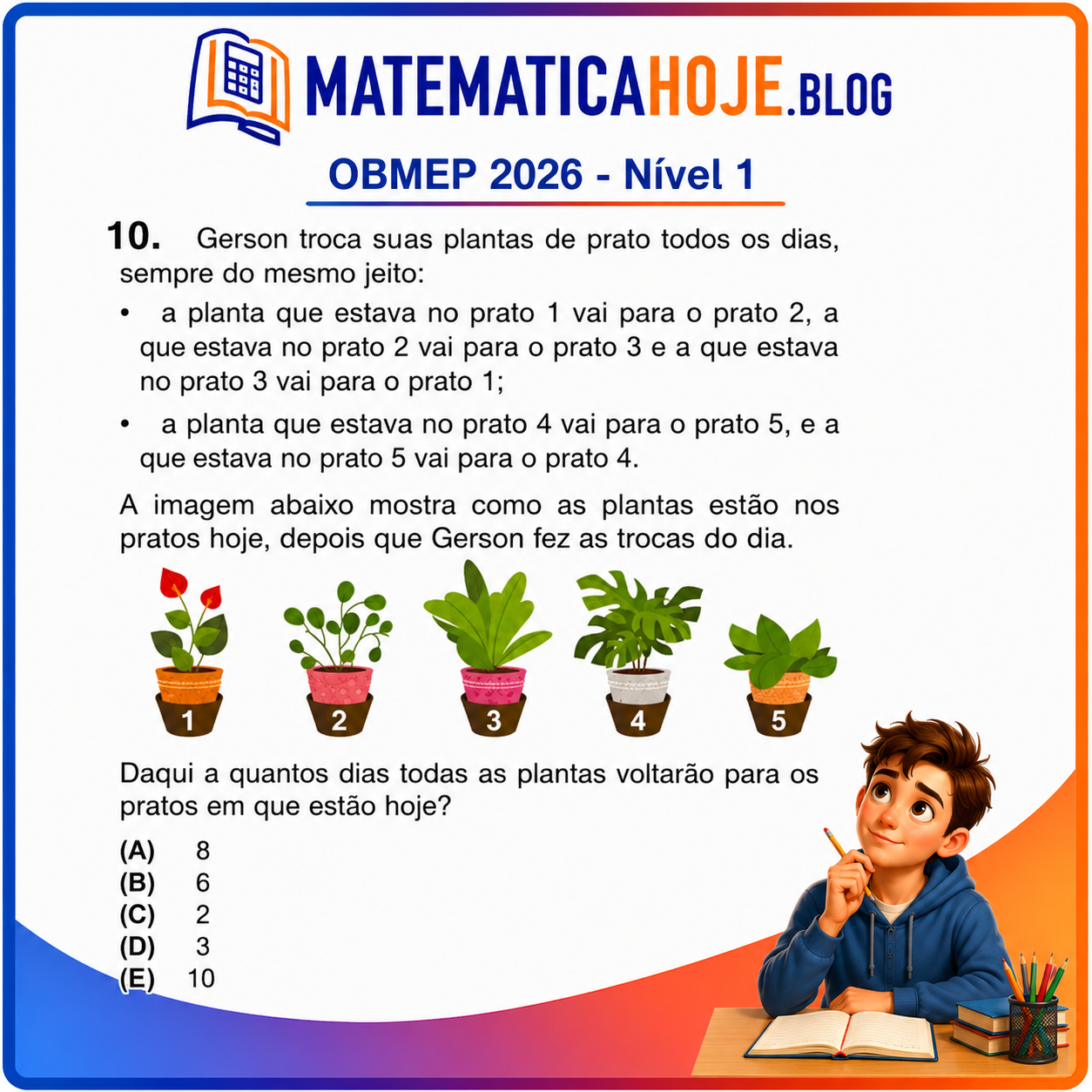 Solução da Questão 10 da OBMEP 2026 Nível 1 envolvendo permutação cíclica de plantas em vasos