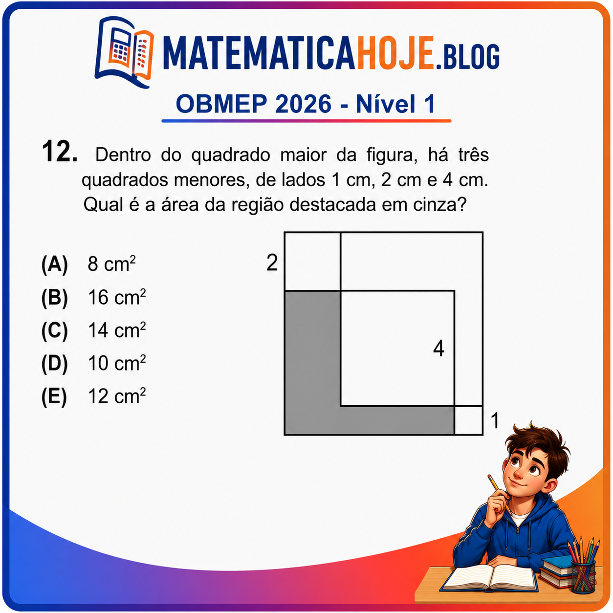 Solução da Questão 12 da OBMEP 2026 Nível 1 envolvendo áreas de quadrados