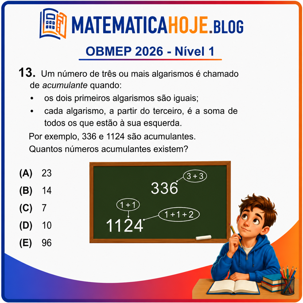 Solução da Questão 13 da OBMEP 2026 Nível 1 envolvendo números acumulantes