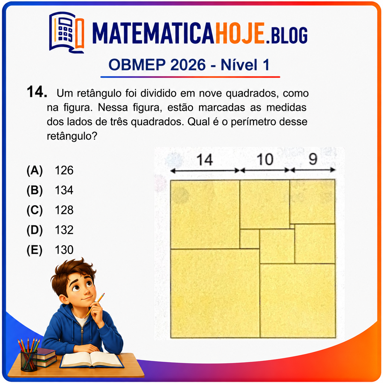 Solução da Questão 14 da OBMEP 2026 Nível 1 envolvendo perímetro de retângulo dividido em quadrados