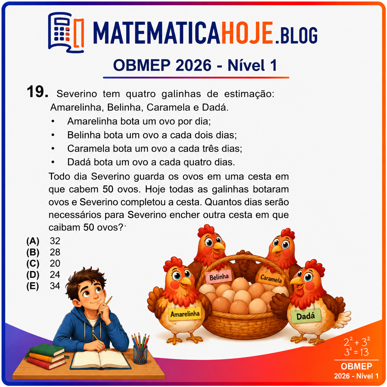 Solução da Questão 19 da OBMEP 2026 Nível 1 envolvendo contagem de ovos e ciclos de postura