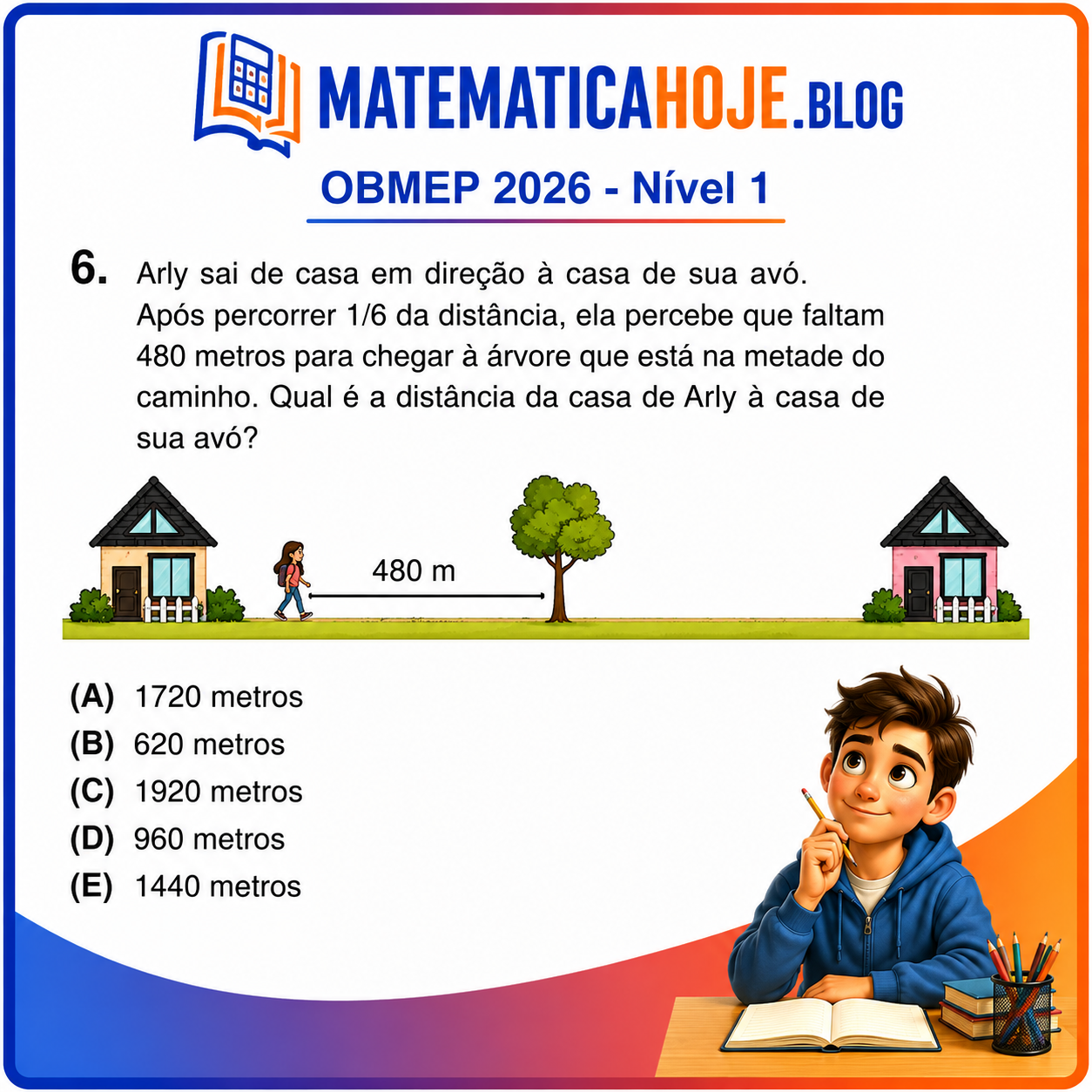 Solução da Questão 6 da OBMEP 2026 Nível 1 envolvendo frações e distância percorrida