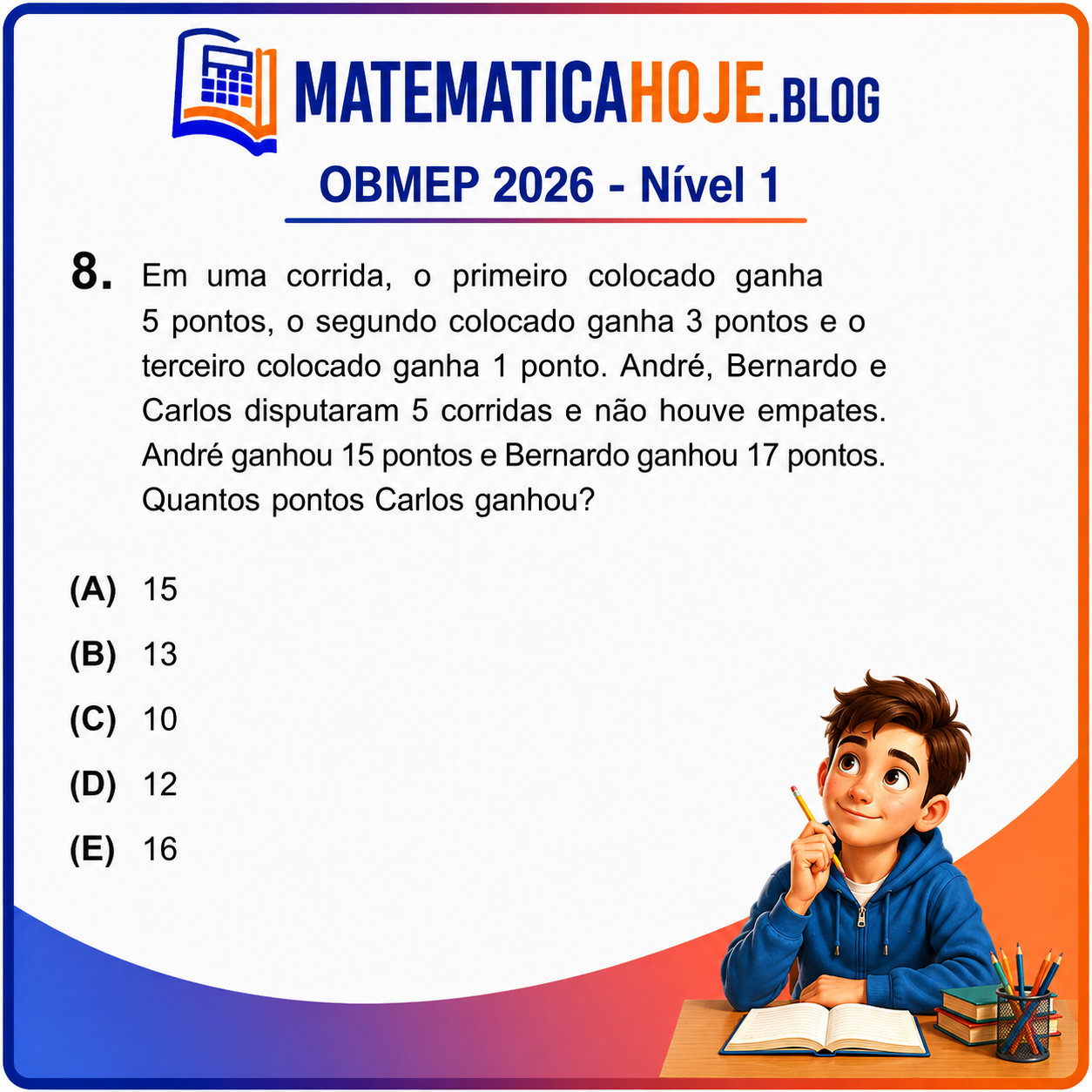 Solução da Questão 8 da OBMEP 2026 Nível 1 envolvendo pontuação em corridas
