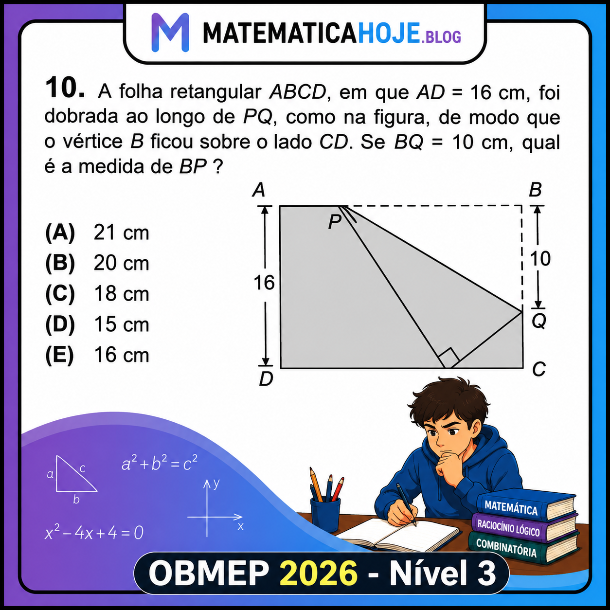 OBMEP 2026 Nível 3 Questão 10 - Dobra de papel em retângulo