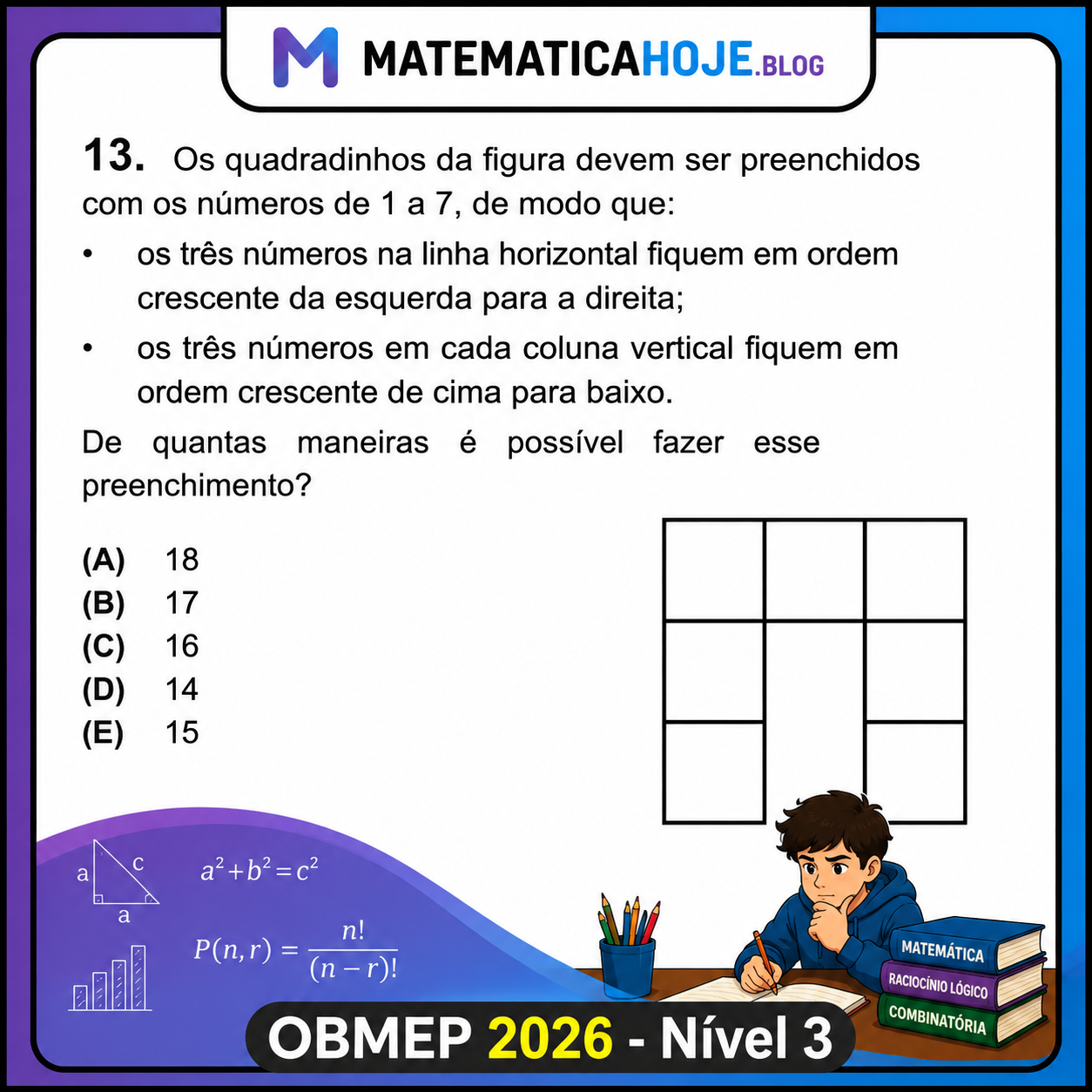 OBMEP 2026 Nível 3 Questão 13 - Preenchimento de quadradinhos com números de 1 a 7