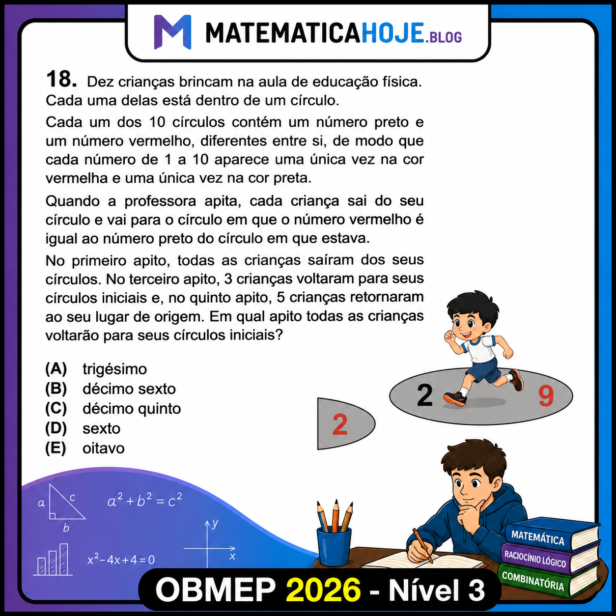 OBMEP 2026 Nível 3 Questão 18 - Crianças em círculos com números pretos e vermelhos